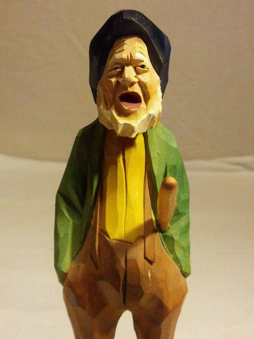 VINTAGE FOLK ART PRIMITIVE WOOD FIGURE SCULPTURE CARVING MAN WITH STICK SIGNED