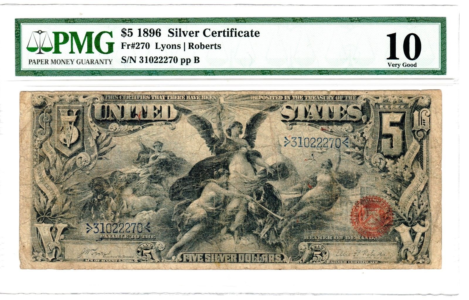 1896 $5 Silver Certificate, Fr. 270, Very Good (VG-10) Condition (PMG)