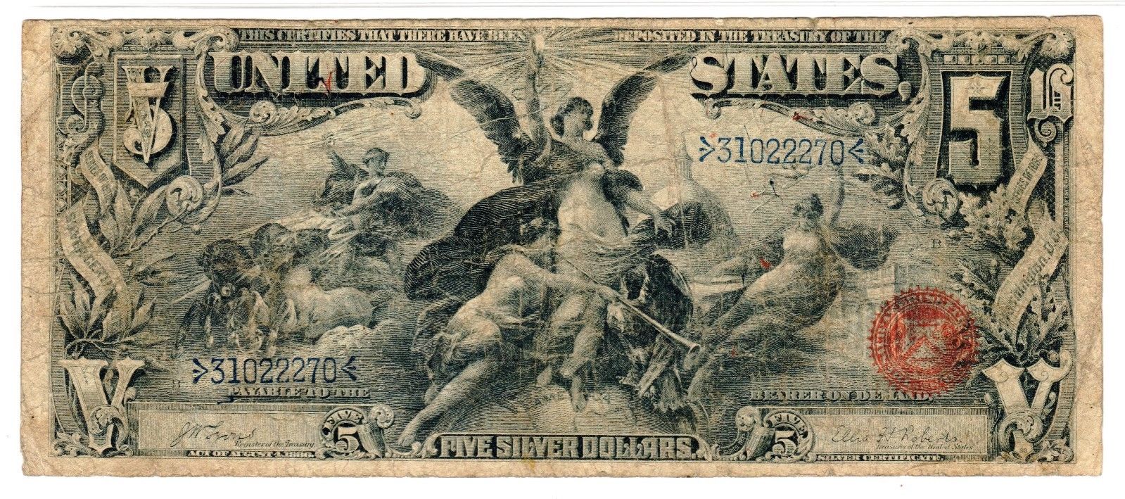 1896 $5 Silver Certificate, Fr. 270, Very Good (VG-10) Condition (PMG)