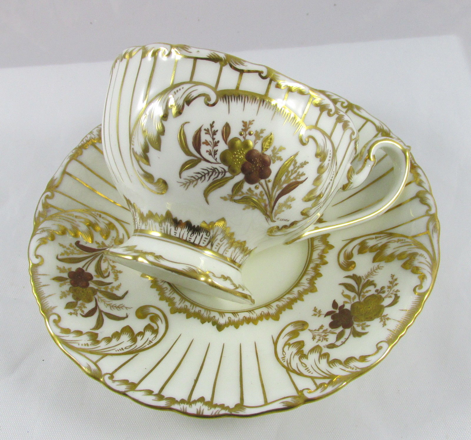 Antique Cauldon Fine China Cup&Saucer Hand Painted Raised Gold Gilt Flowers