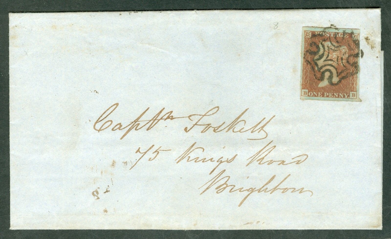 SG 8 1d red brown plate 18 lettered B.B. Used on cover tied with a black...