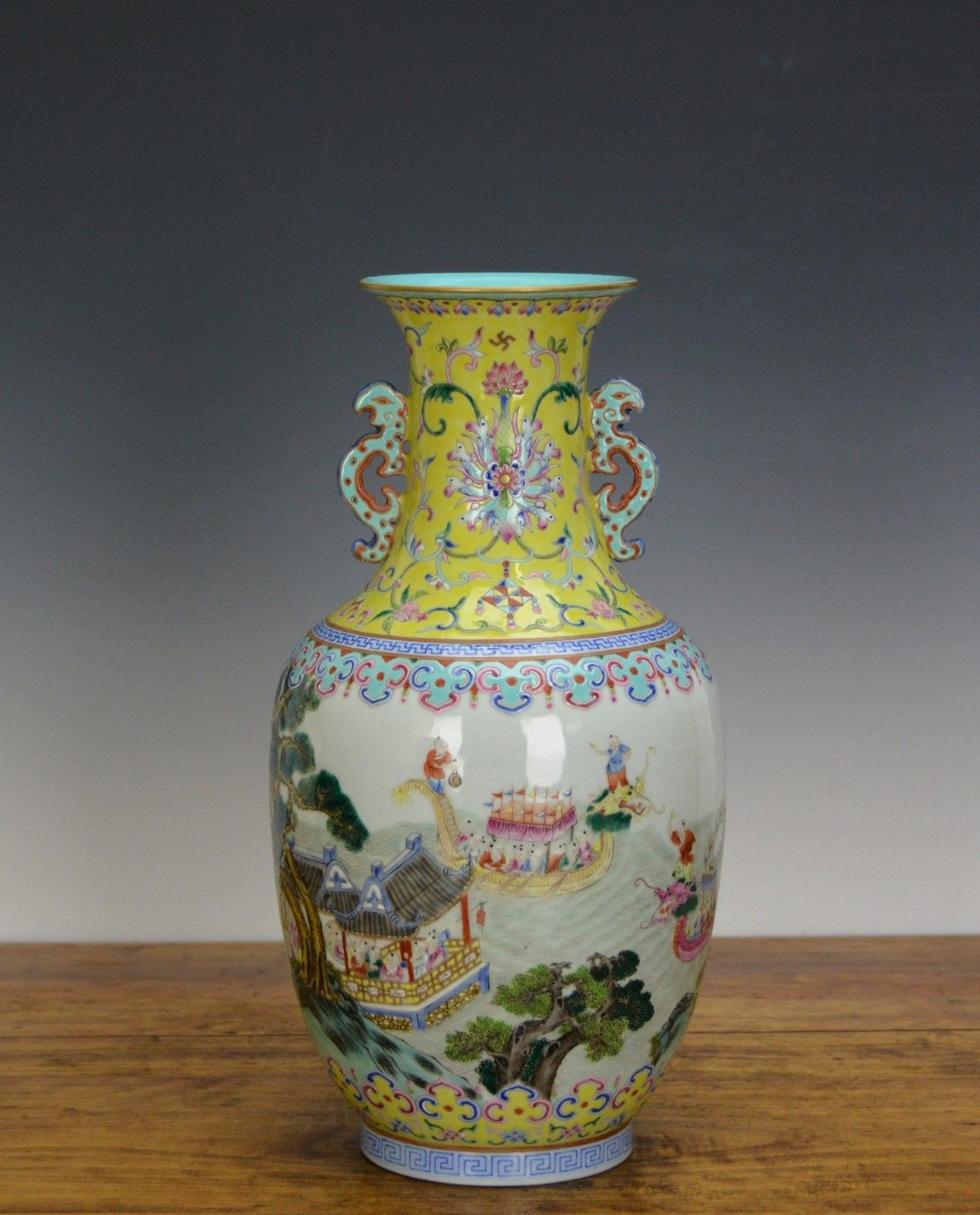 Superb Chinese Marked Famille Rose 100 Boy Dragon Boat Porcelain Vase
