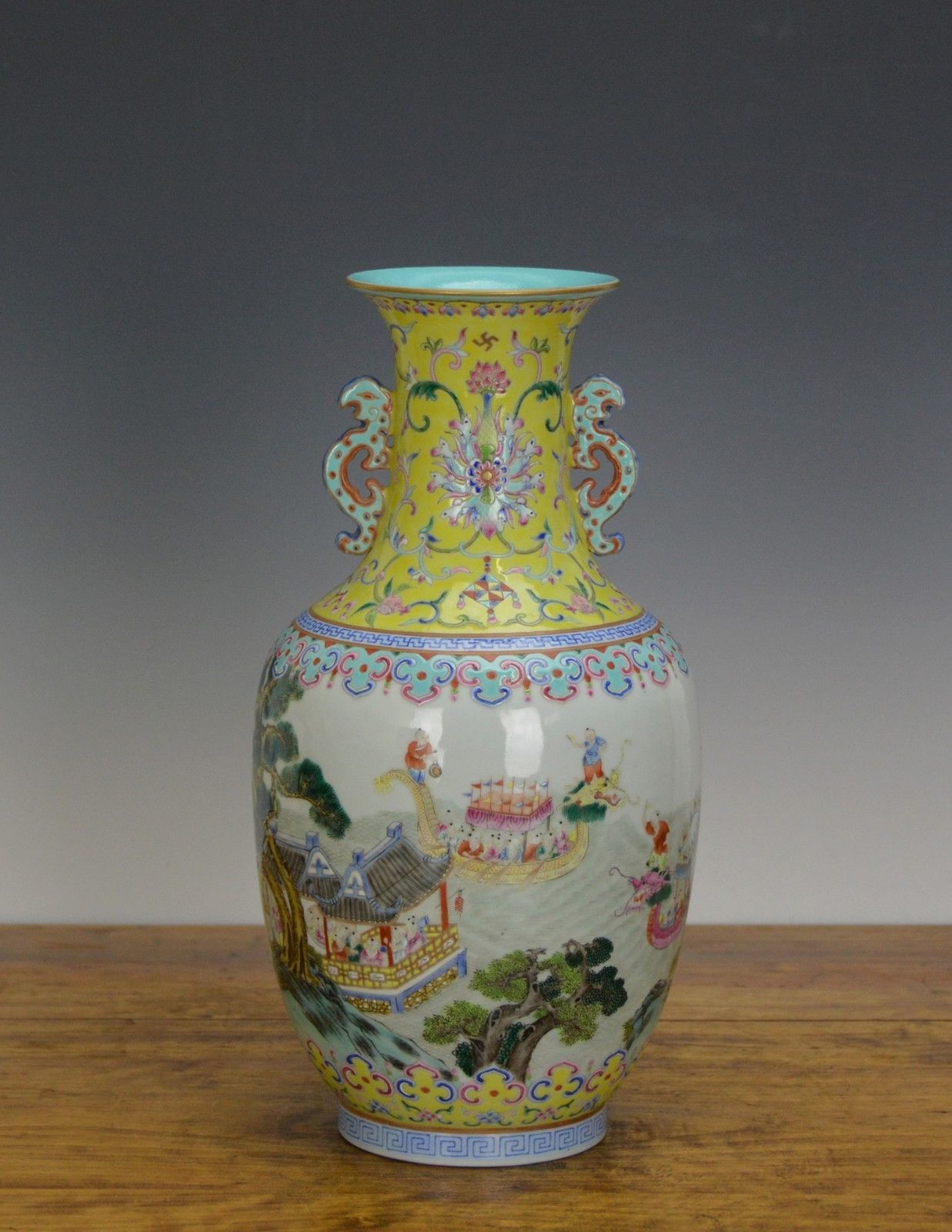 Superb Chinese Marked Famille Rose 100 Boy Dragon Boat Porcelain Vase