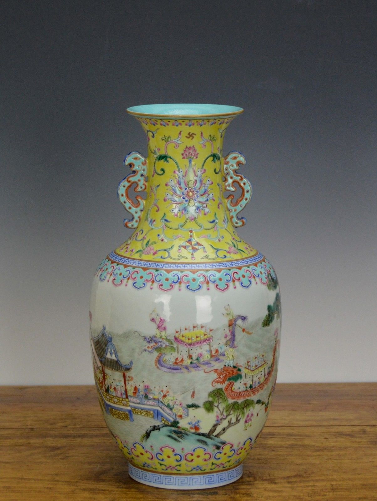 Superb Chinese Marked Famille Rose 100 Boy Dragon Boat Porcelain Vase