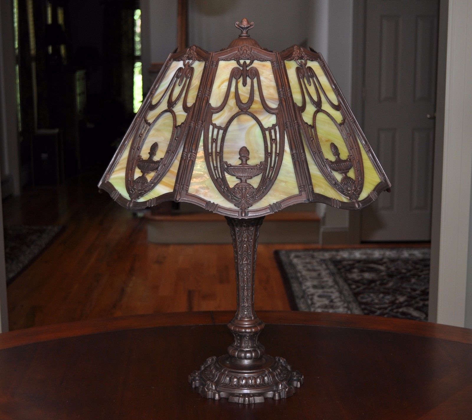 Large Antique Art Nouveau 8 Panel Slag Glass Lamp