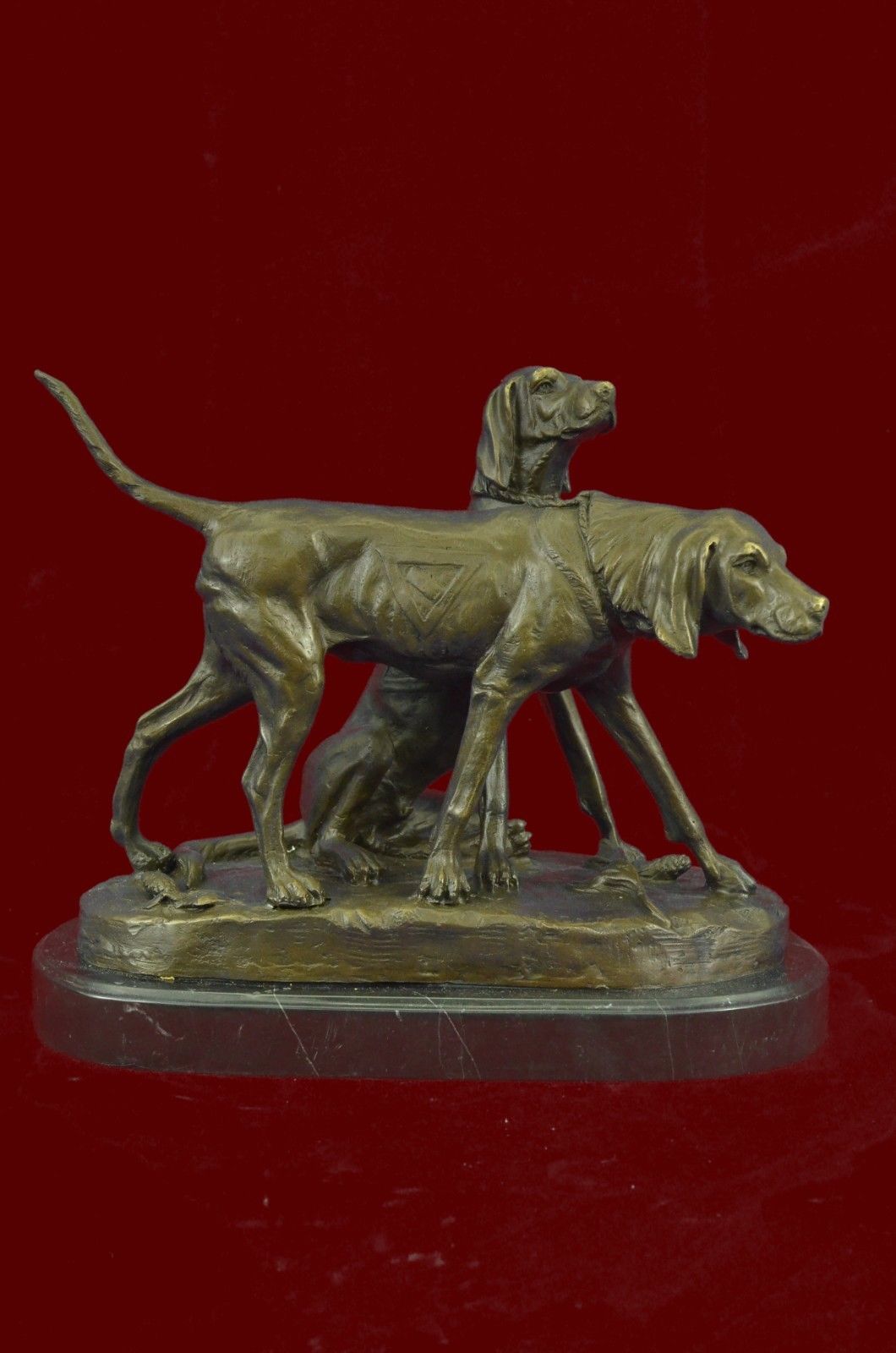 SIGNED VINTAGE HUNTING DOGS ART DECO MARBLE BASE FIGURINE GIFT Bronze Sculpture