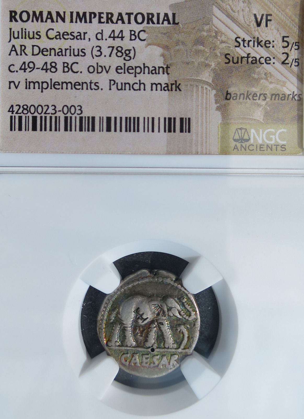 49-48 B.C. Julius Caesar NGC VF silver roman republic denarius military mint