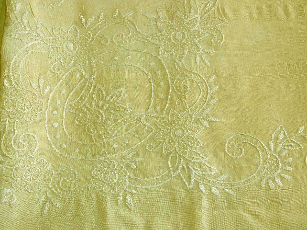 1930's Hand Crewel Embroidered Silk Table Cloth 54" x 48"