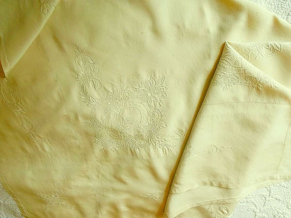 1930's Hand Crewel Embroidered Silk Table Cloth 54" x 48"