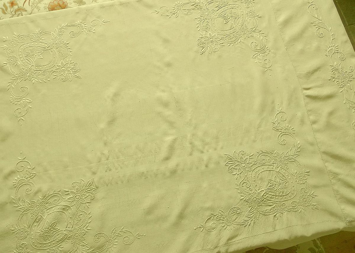 1930's Hand Crewel Embroidered Silk Table Cloth 54" x 48"