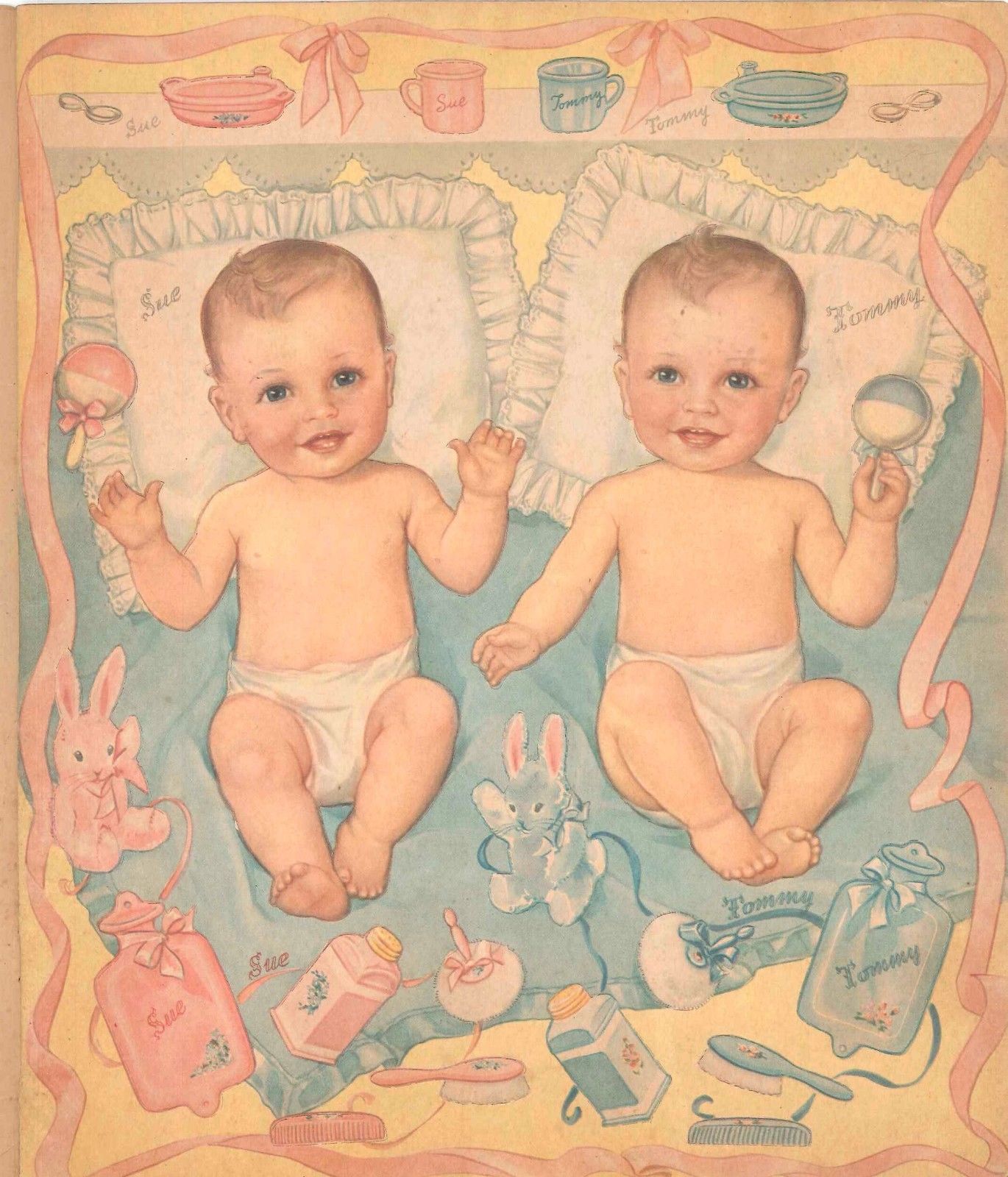 VINTAGE UNCUT 1942 TWIN BABIES PAPER DOLLS ~MERRILL~REPRODUCTION~LO PRICE~HI QUA