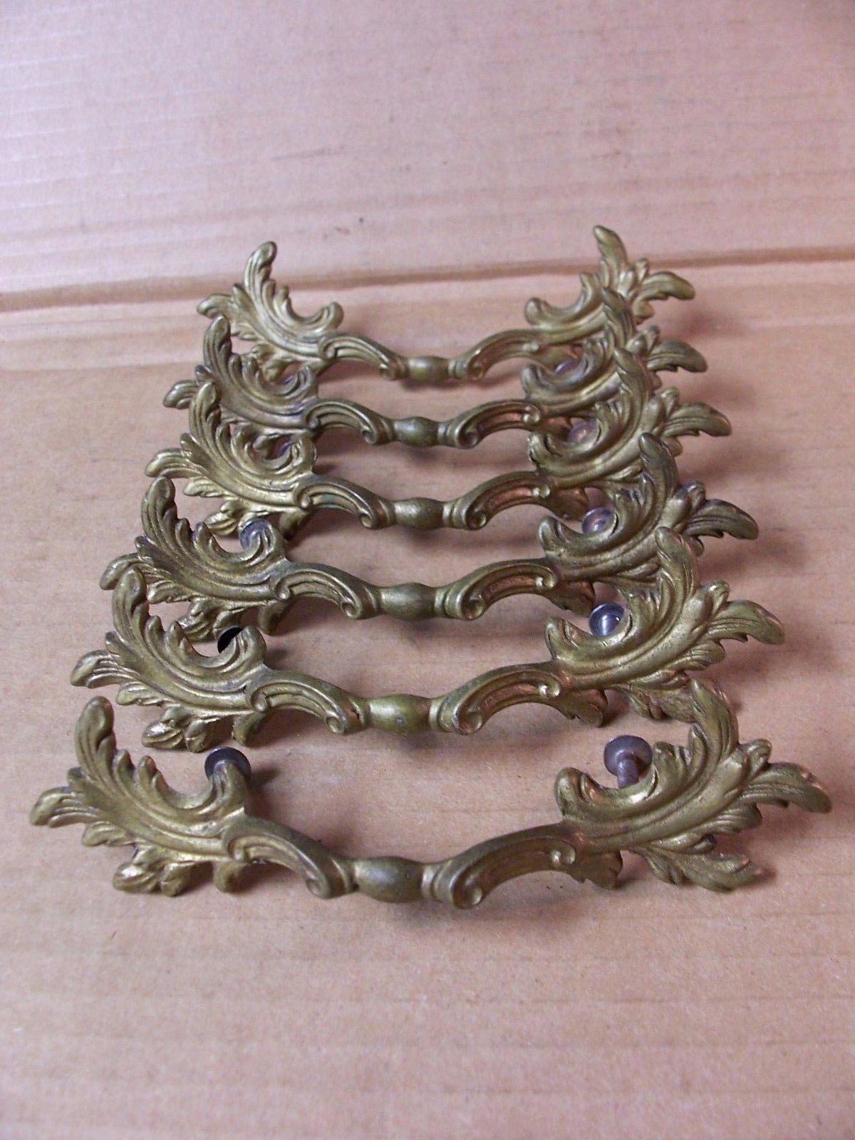 (6) ANTIQUE SOLID BRASS FRENCH PROVINCIAL DRAWER PULLS / HANDLES -- W/ SCREWS