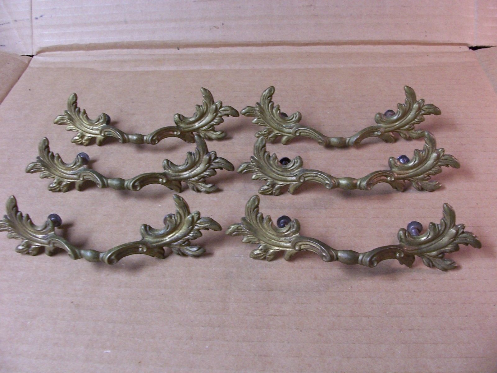 (6) ANTIQUE SOLID BRASS FRENCH PROVINCIAL DRAWER PULLS / HANDLES -- W/ SCREWS