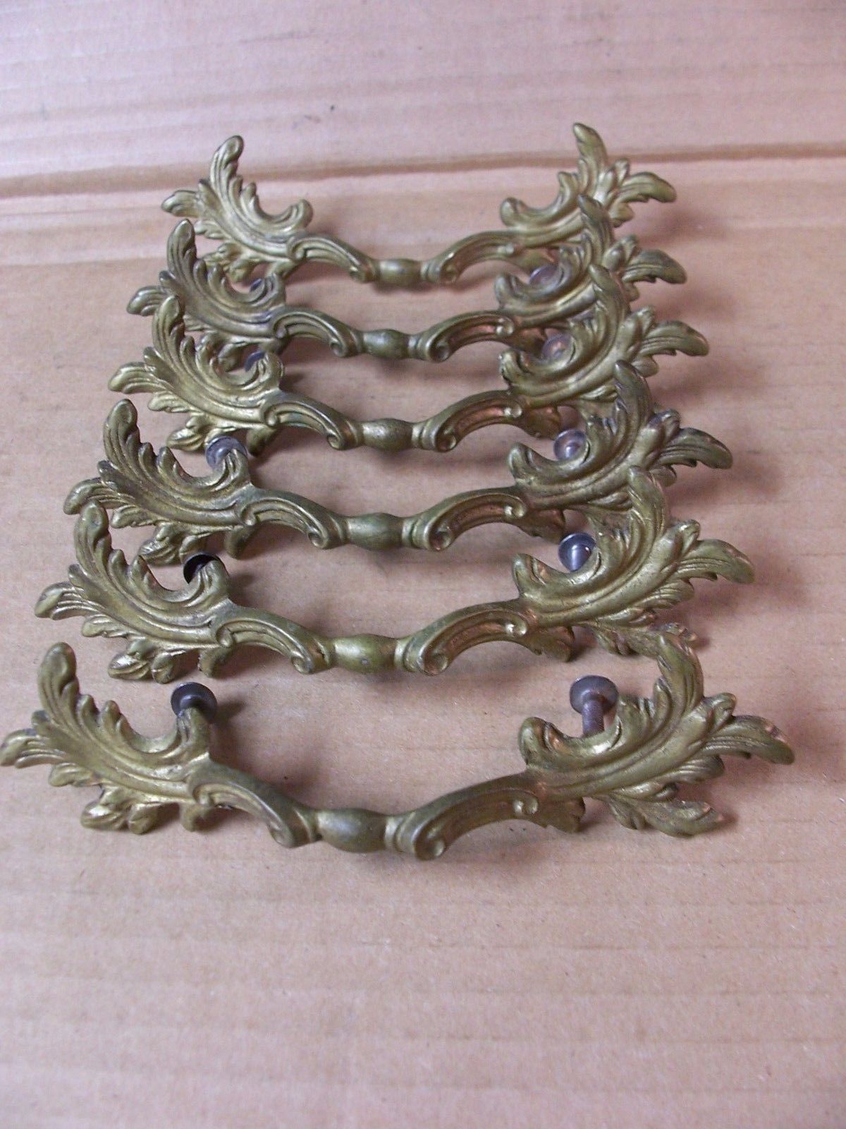 (6) ANTIQUE SOLID BRASS FRENCH PROVINCIAL DRAWER PULLS / HANDLES -- W/ SCREWS