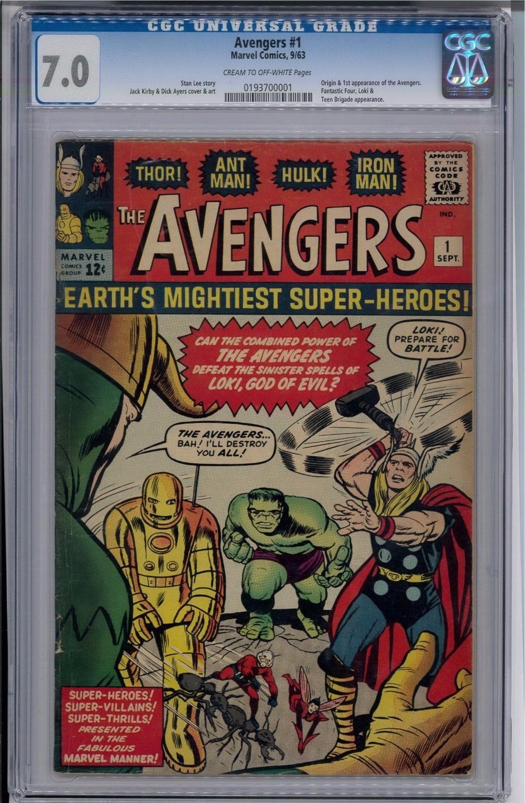 Avengers 1 CGC 7.0 SIlver Age Key Marvel Comic 1st App. Avengers L@@K