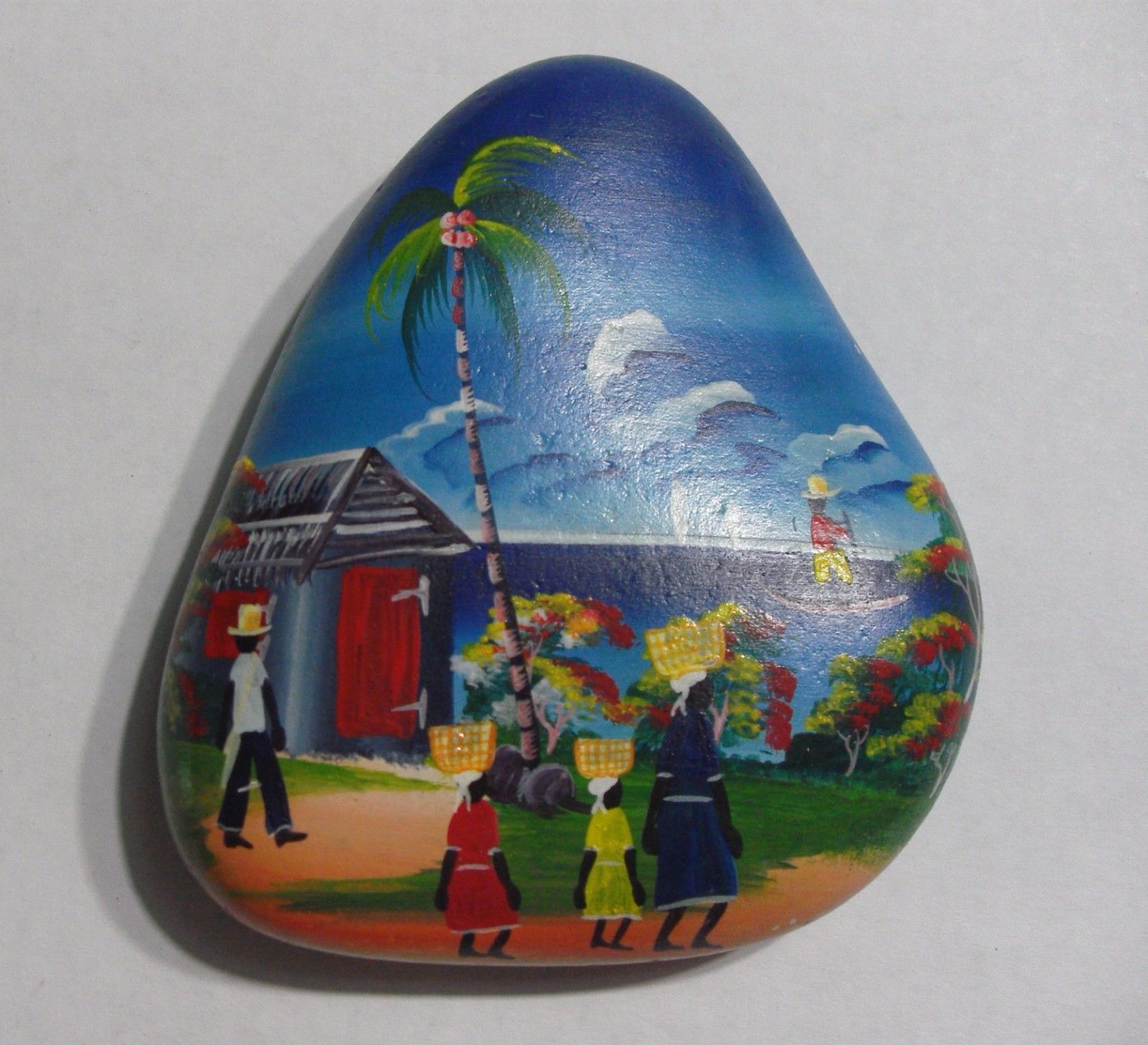 HAITIAN ROCK PAINTING Haitian Artist Claudy Decorated Stone SEASIDE SCENE