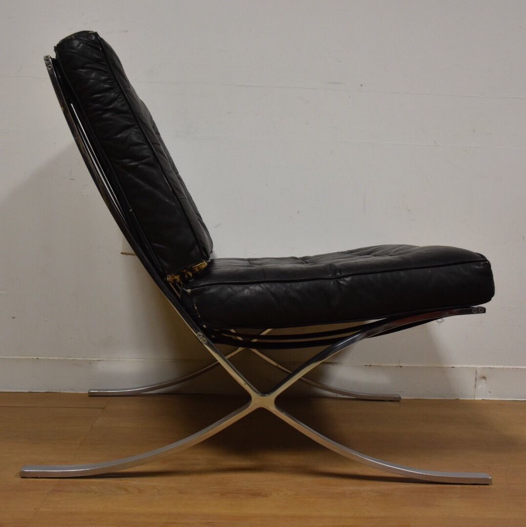 Vintage Barcelona Style Black Leather And Chrome Lounge Chair