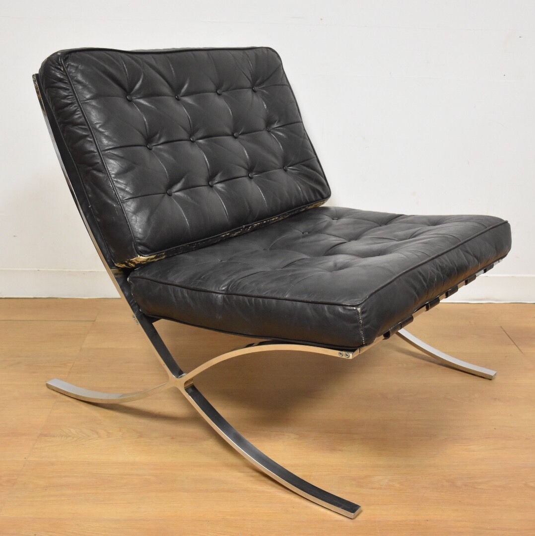 Vintage Barcelona Style Black Leather And Chrome Lounge Chair