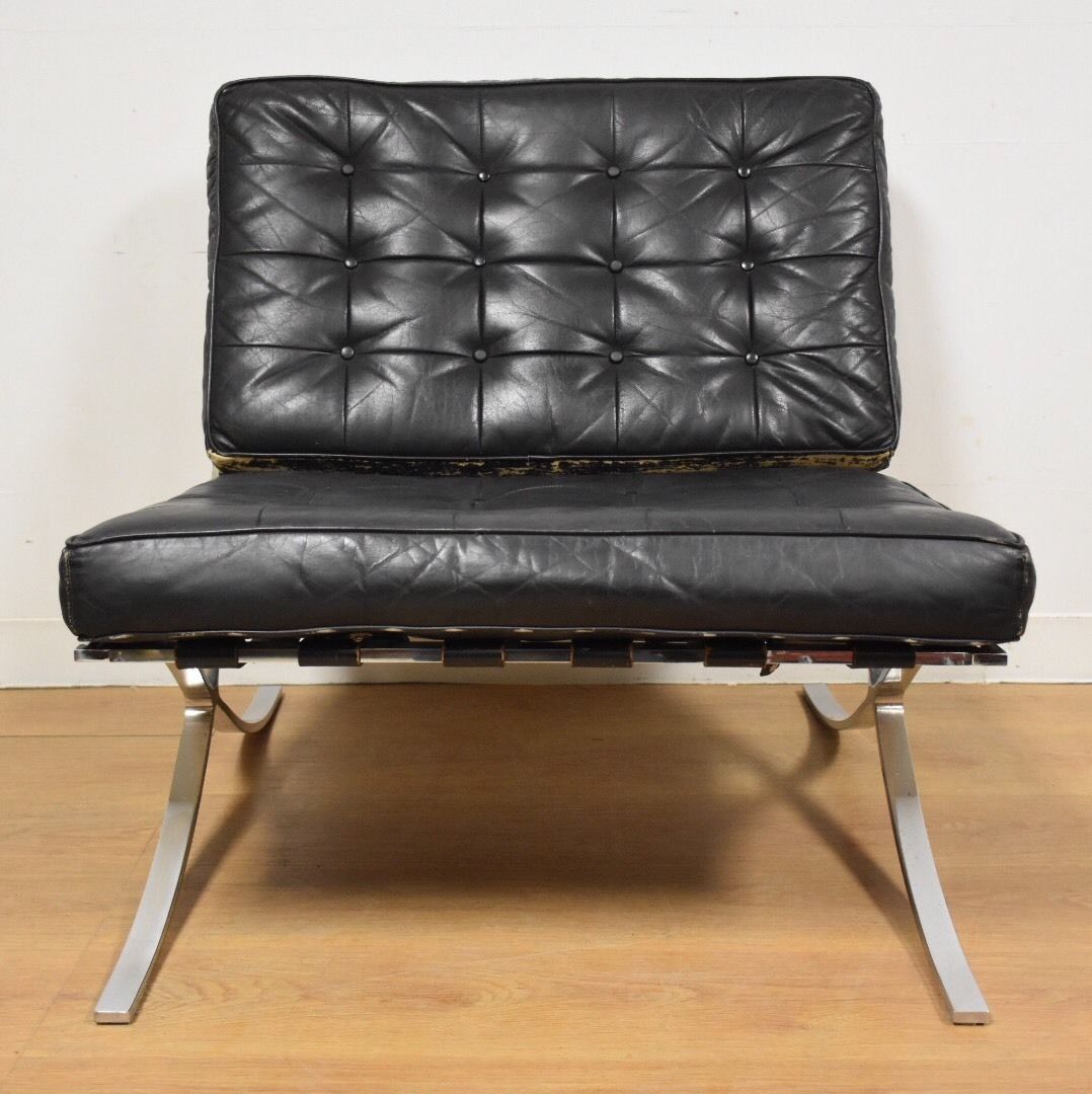 Vintage Barcelona Style Black Leather And Chrome Lounge Chair