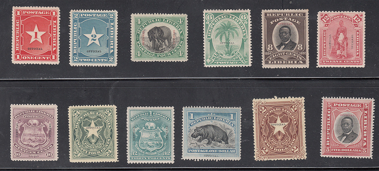 Liberia # O1-12 MINT Complete 1892 Officials Fauna Elephant Hippo