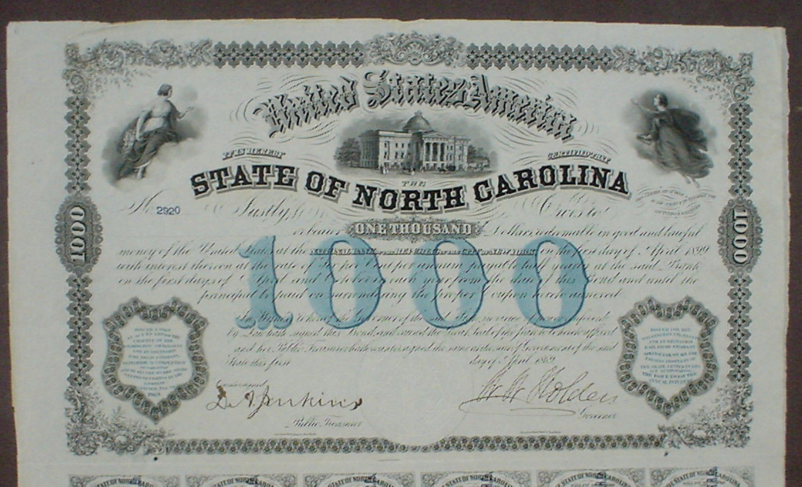 State of North Carolina 1000$ Gold Bond, 1869 uncancelled + coupons