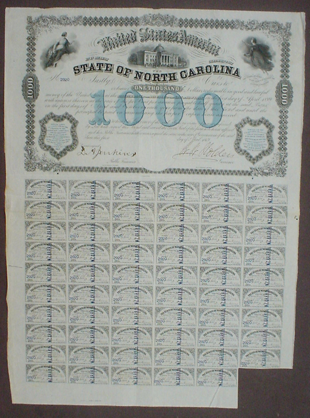 State of North Carolina 1000$ Gold Bond, 1869 uncancelled + coupons