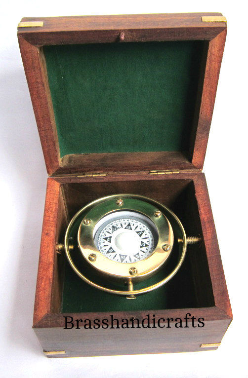 Vintage Brass Marine Gimbals Compass Beautiful  Wooden Box / Boat Compass