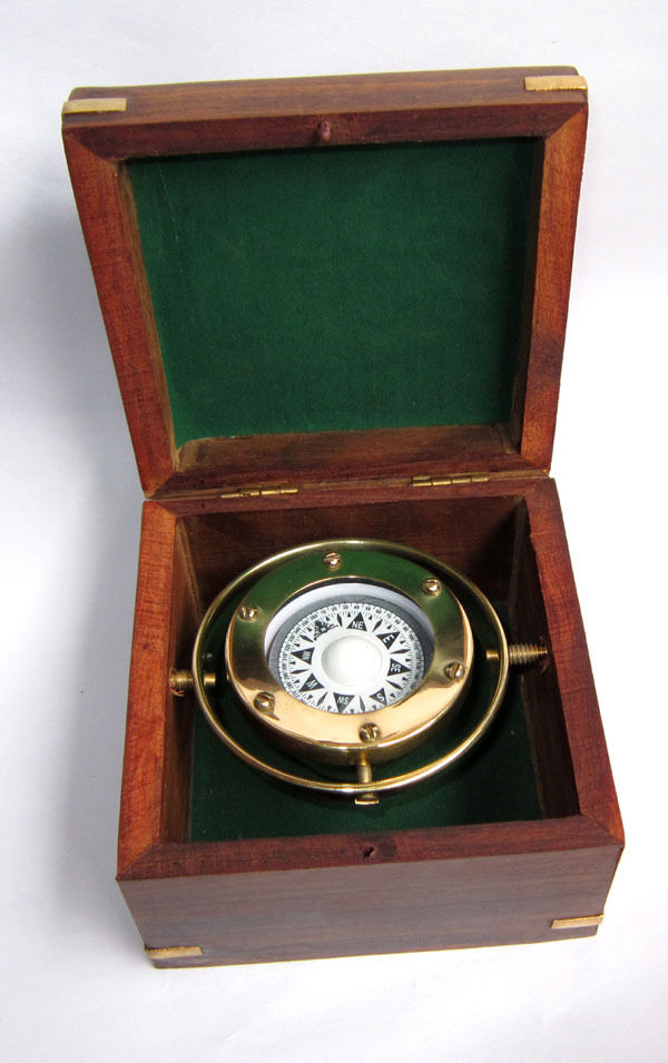 Vintage Brass Marine Gimbals Compass Beautiful  Wooden Box / Boat Compass