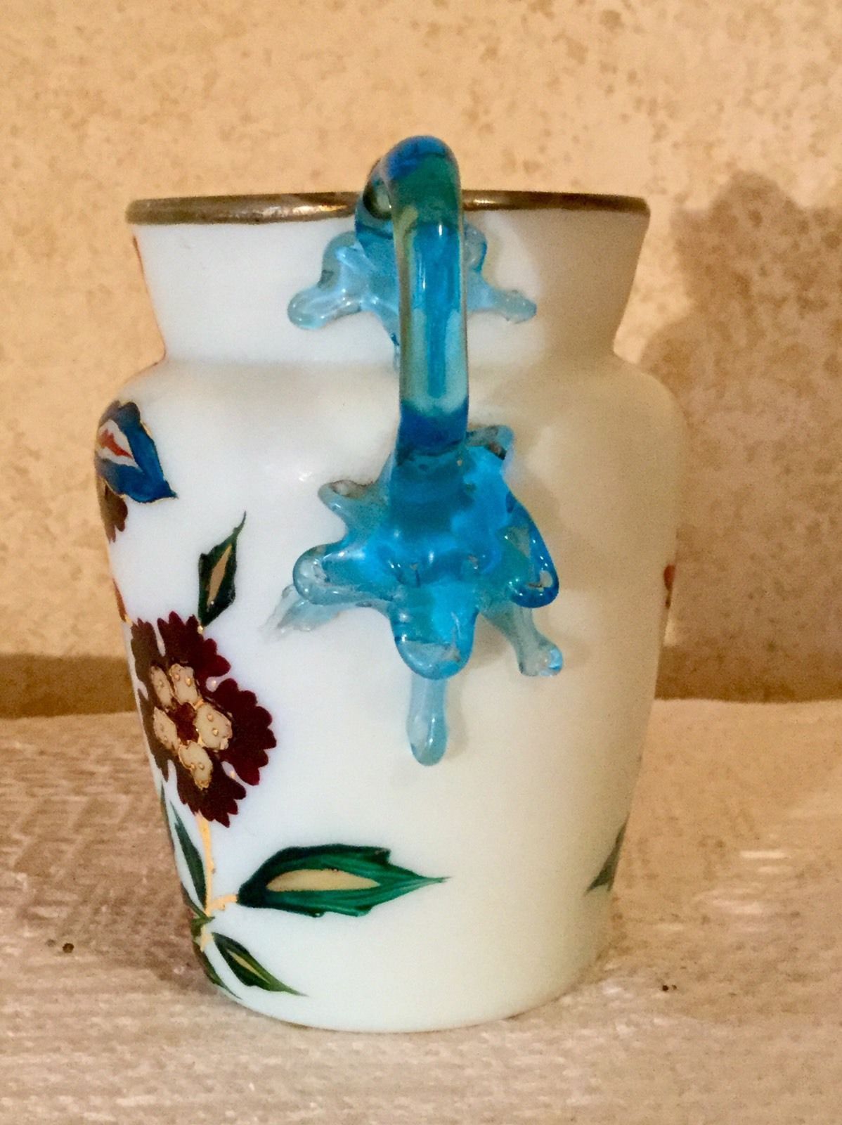 ANTIQUE VICTORIAN ENAMELLED URANIUM MILK ART GLASS VASE ENAMELLED C1880