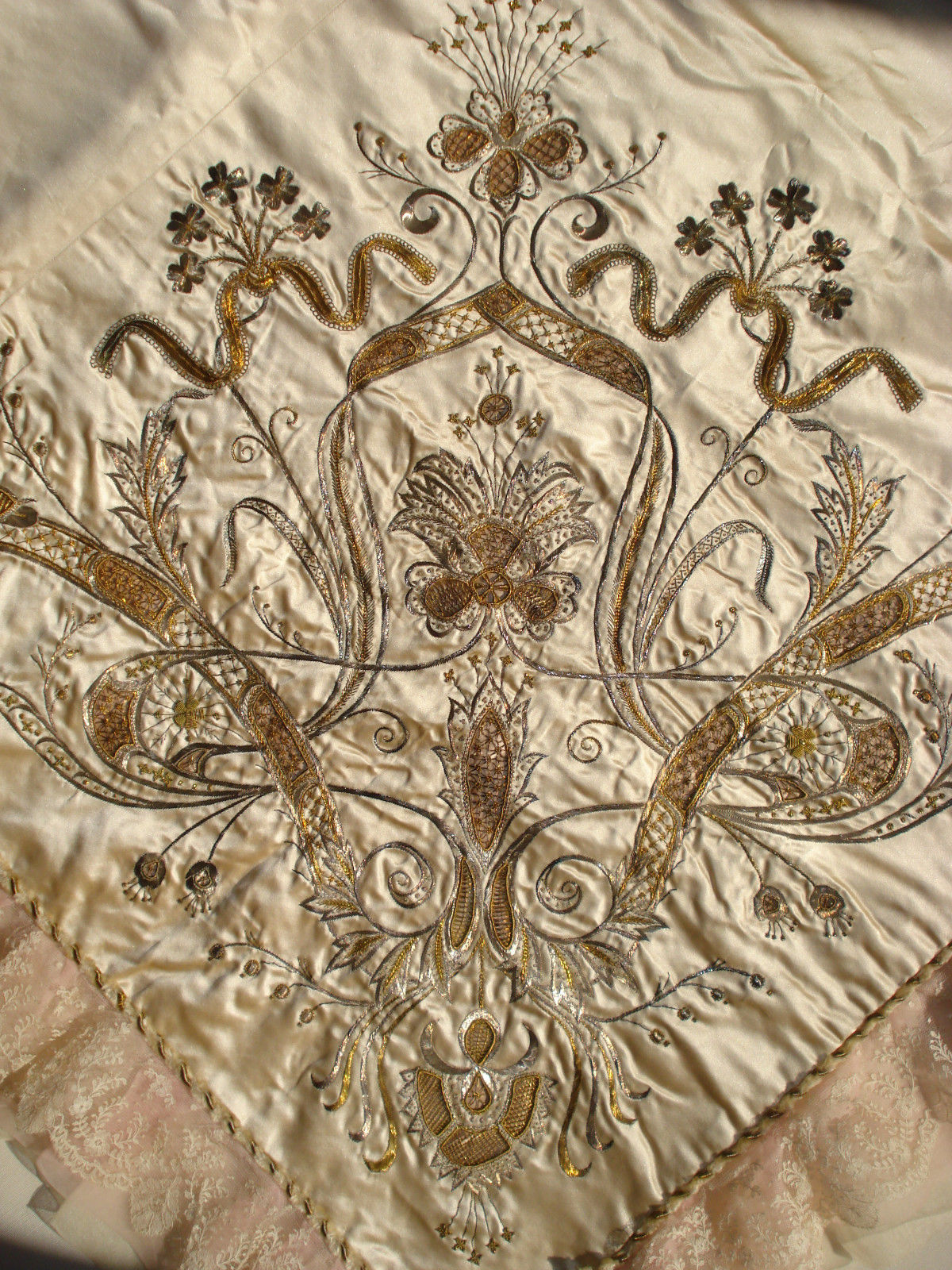 antique victorian french gold embroidered silk quilt duvet cover + cushion front