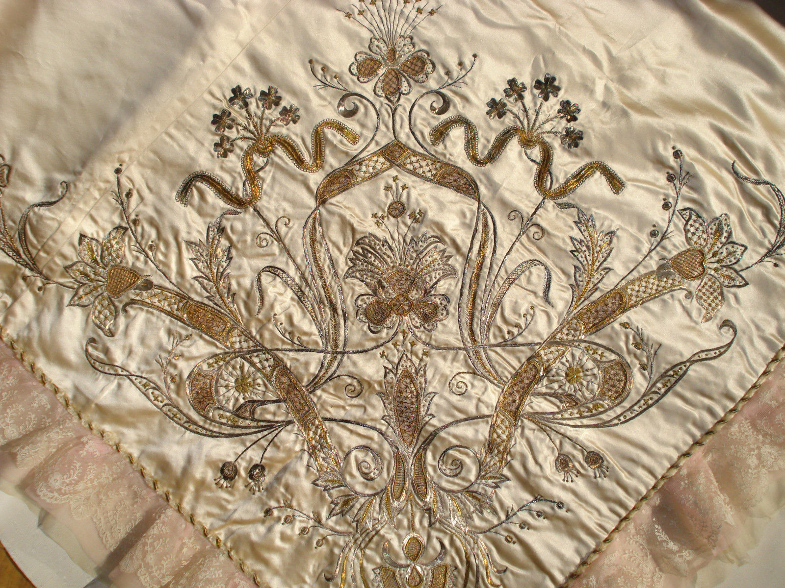 antique victorian french gold embroidered silk quilt duvet cover + cushion front