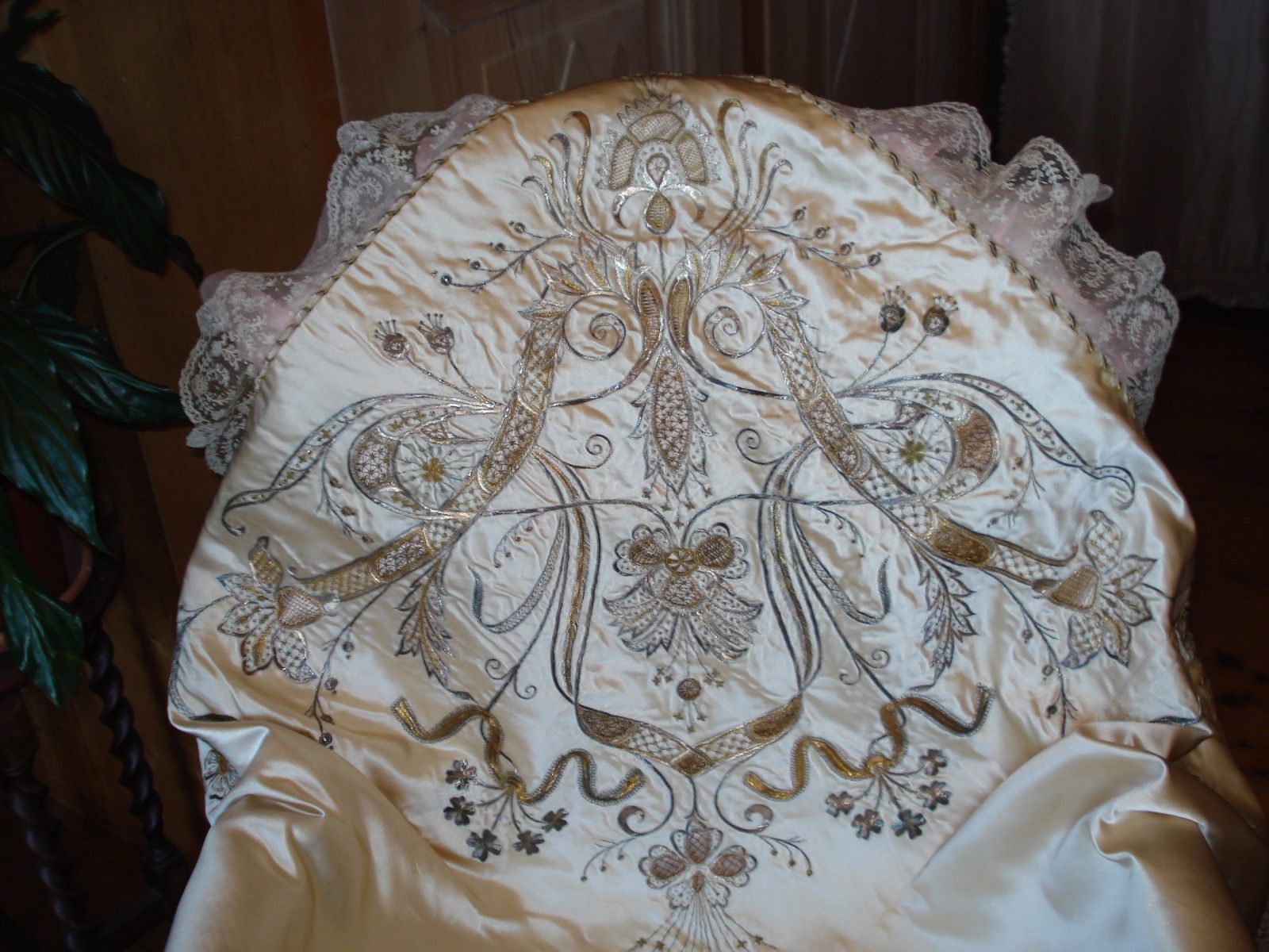 antique victorian french gold embroidered silk quilt duvet cover + cushion front