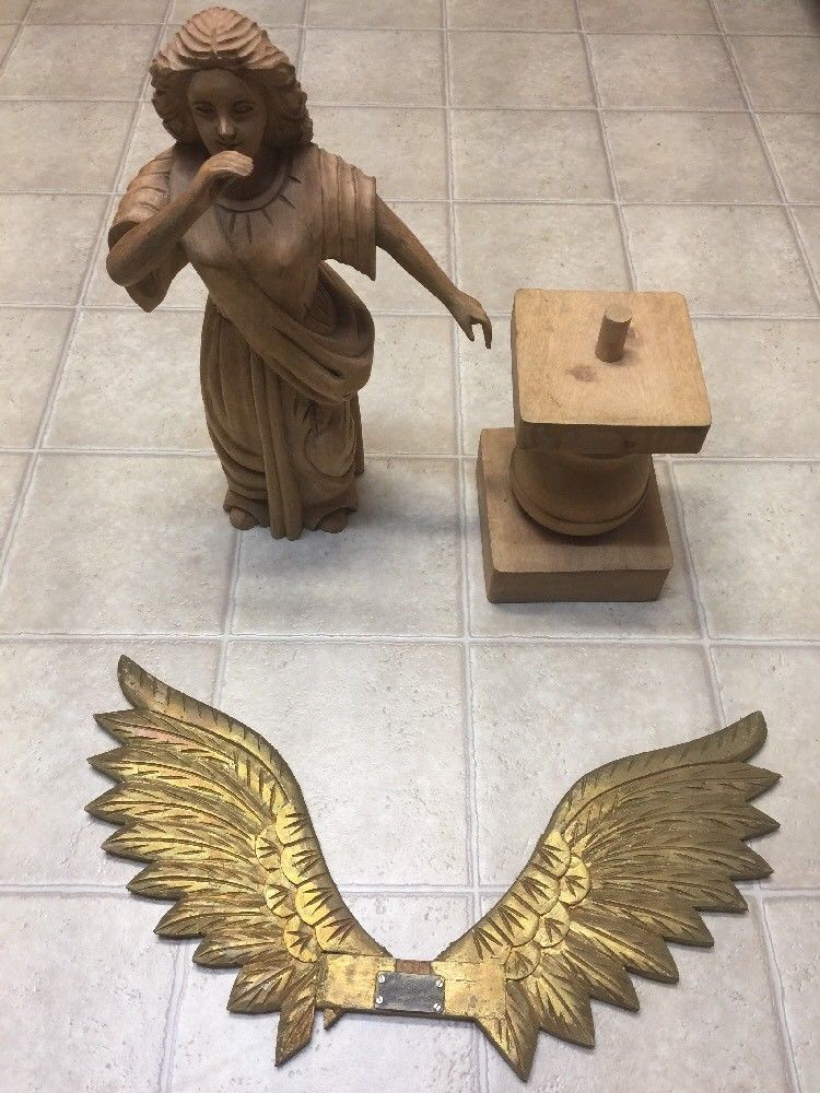 Vintage Hand Carved Wooden Angel Statue Figure w/wings•