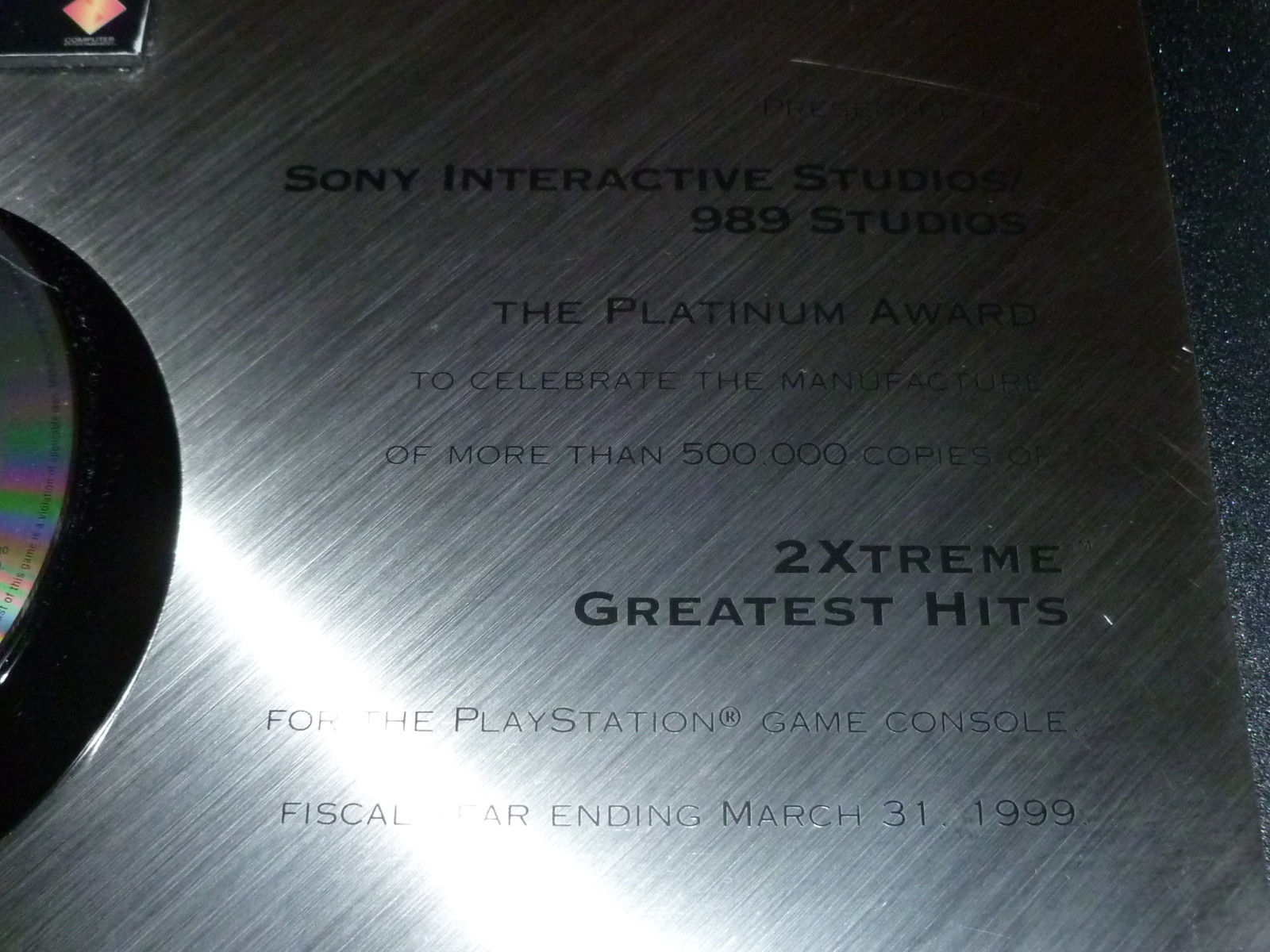 RARE SONY PLAYSTATION PS1 PLATINUM AWARD PLAQUE 2XTREME GAME 989 STUDIOS 1999 >>