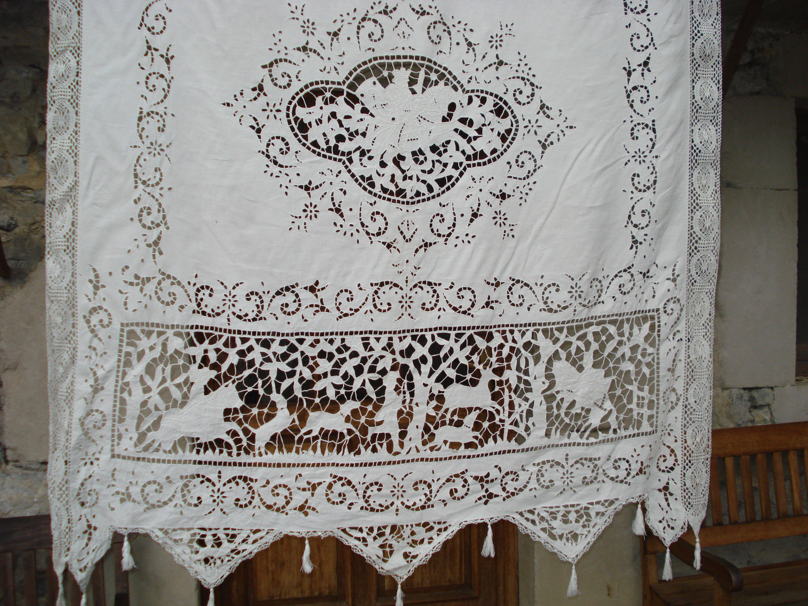 antique french handmade lace + Richelieu embroidery curtain - the king's hunting