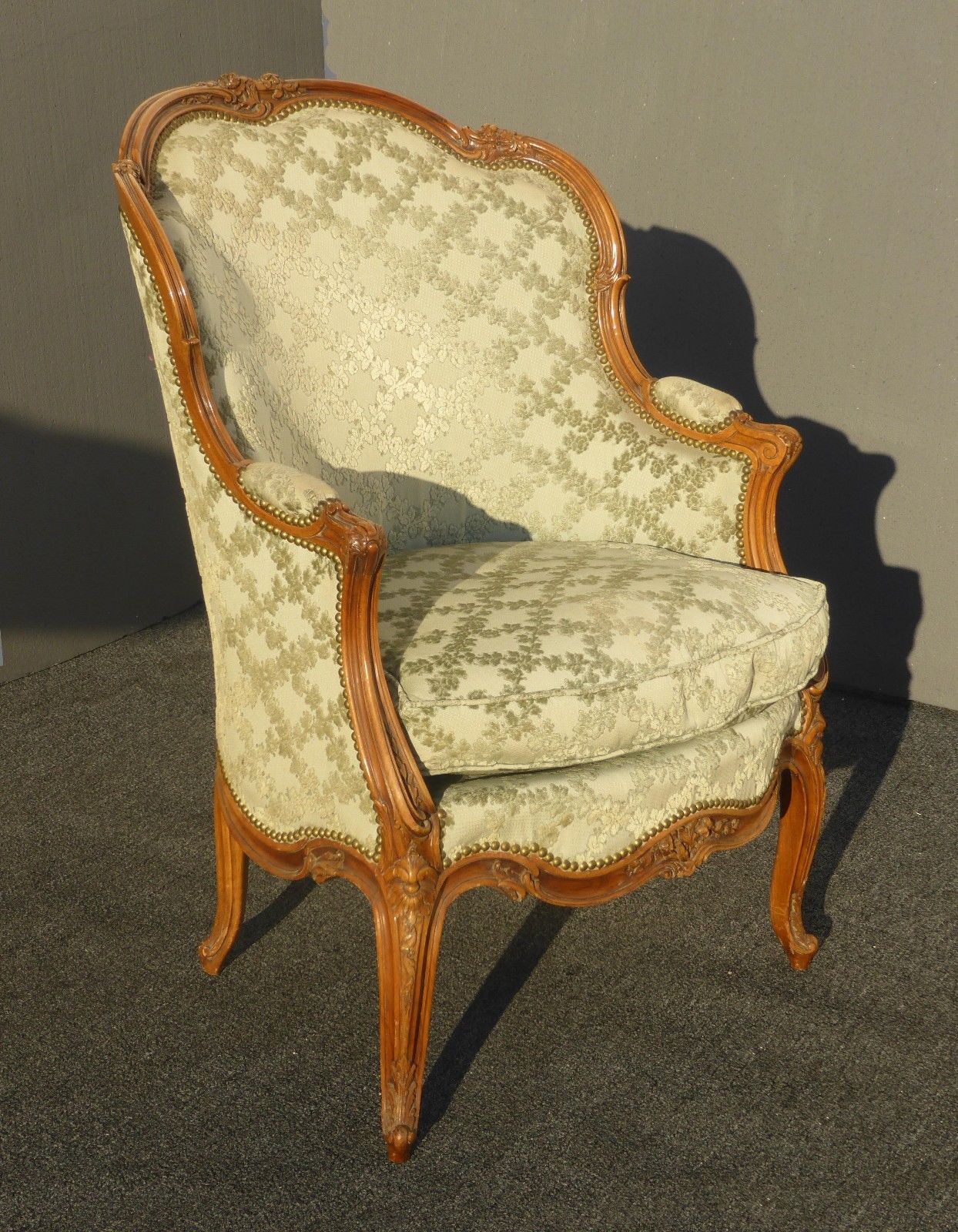 Vintage Carved French Louis XV Style Barrel Back Sage Bergere ACCENT CHAIR Down