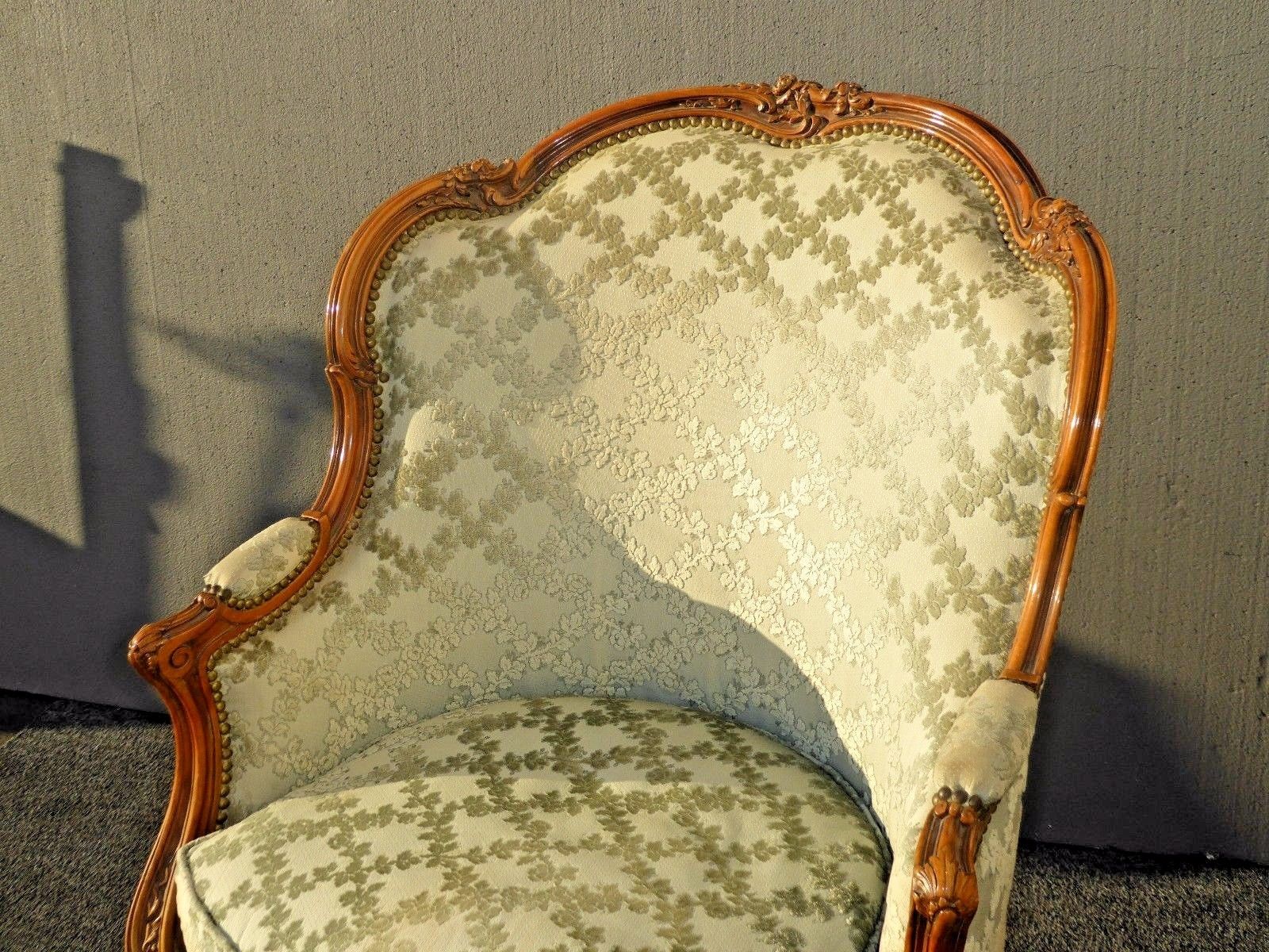 Vintage Carved French Louis XV Style Barrel Back Sage Bergere ACCENT CHAIR Down