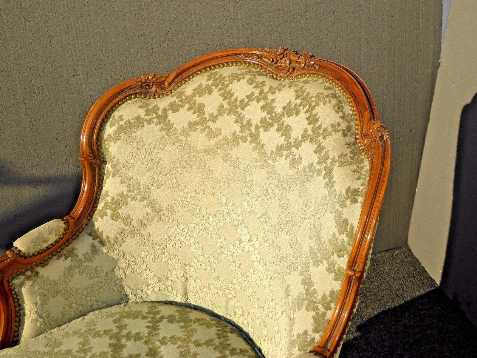 Vintage Carved French Louis XV Style Barrel Back Sage Bergere ACCENT CHAIR Down