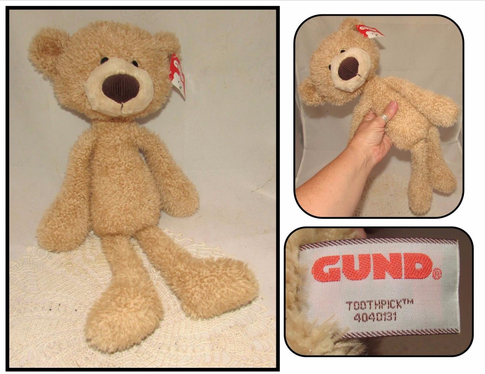 Light Brown Gund Teddy Bear Plush Toy, Named Toothpick, Pre-owned 16", childs