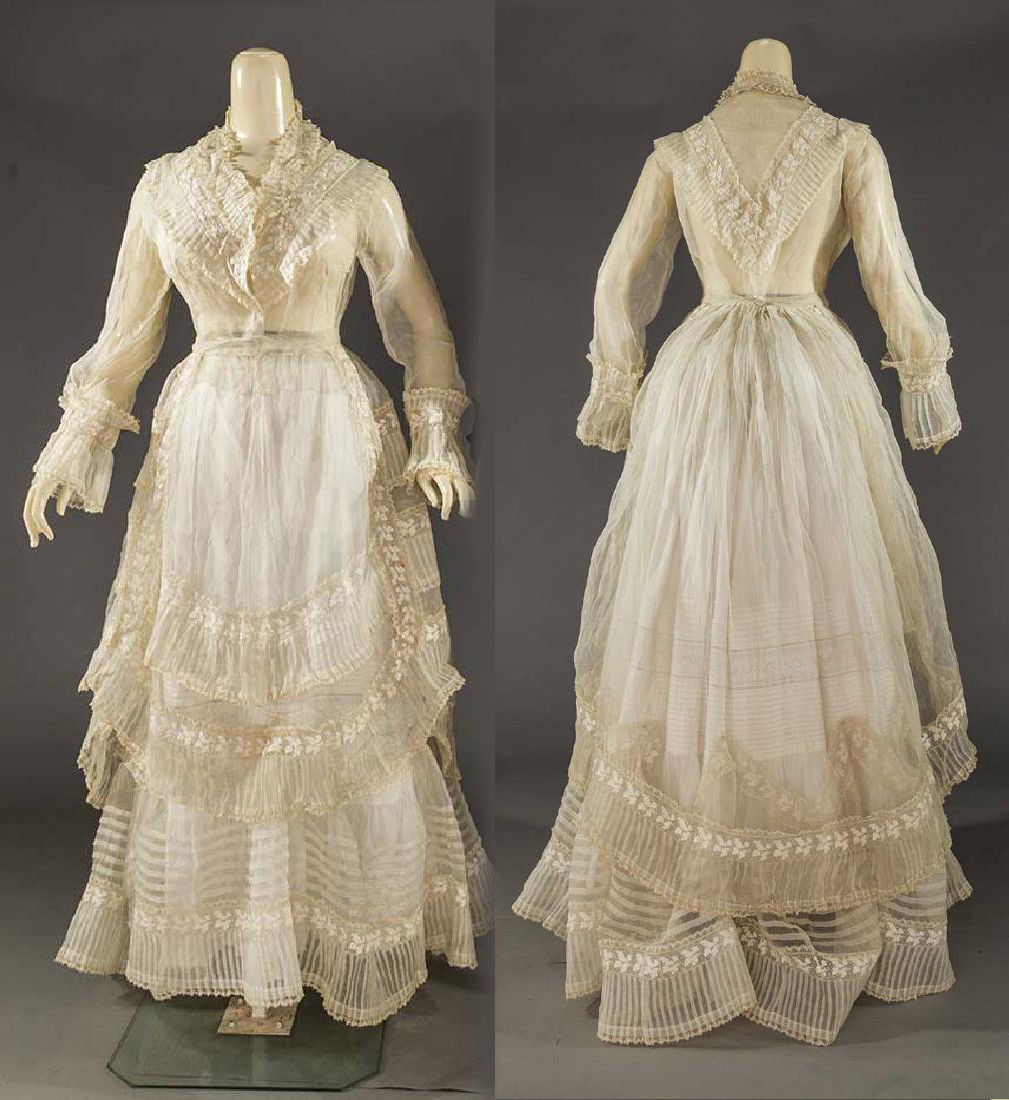 Antique victorian Edwardian ORGANDY embroidered trim flounce lace dress 1860s