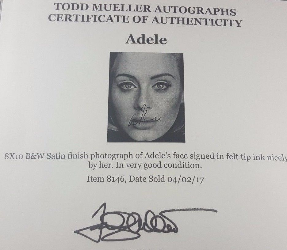 ADELE HAND SIGNED 8 x 10 PHOTO W/TODD MUELLER COA