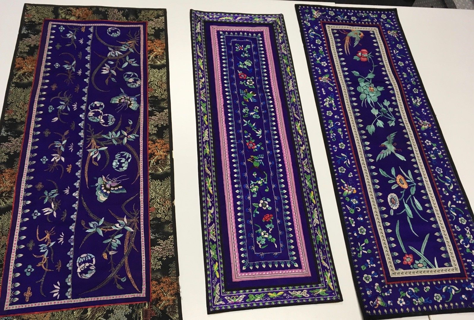 Oriental Antique Silk Tapestries Set of 3 Purple Blue Birds Boarder Collection