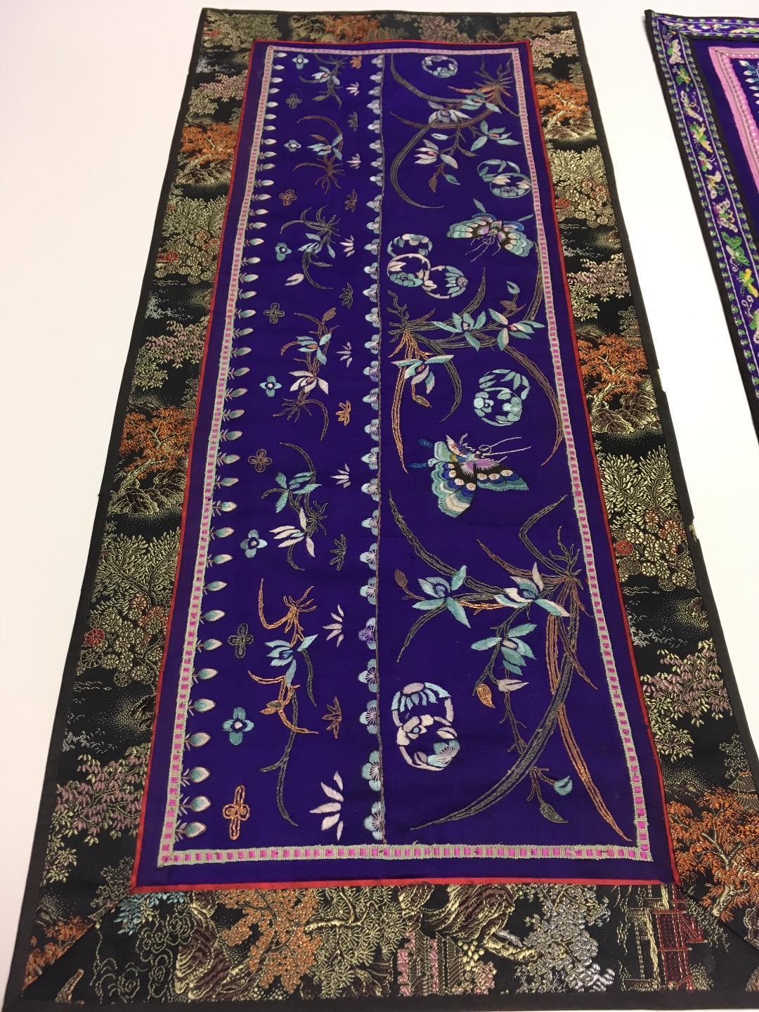 Oriental Antique Silk Tapestries Set of 3 Purple Blue Birds Boarder Collection