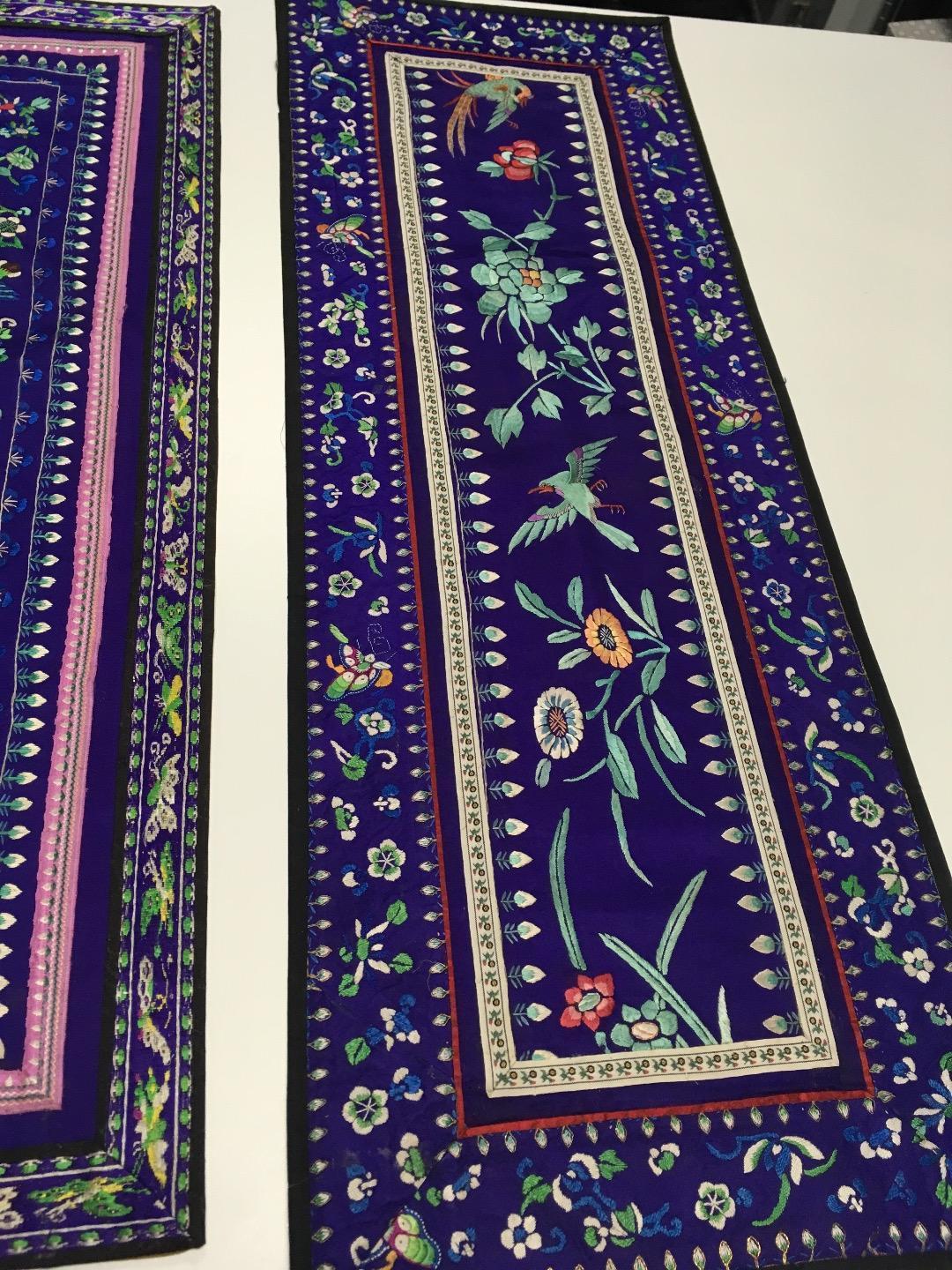 Oriental Antique Silk Tapestries Set of 3 Purple Blue Birds Boarder Collection