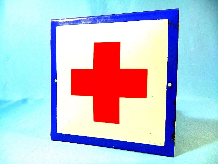 Vtg Porcelain Enamel Red Cross Hospital Medical Clinic ca.1960's Metal Sign Rare