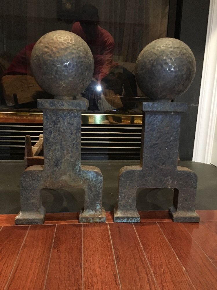 Antique Iron Firedogs Andirons BRADLEY & HUBBARD Hand Forged CANNON BALLS