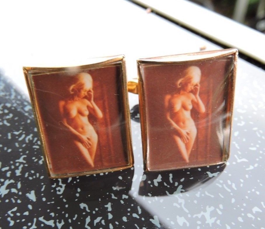 Vintage french cufflinks mid century eroric nude woman RARE playboy