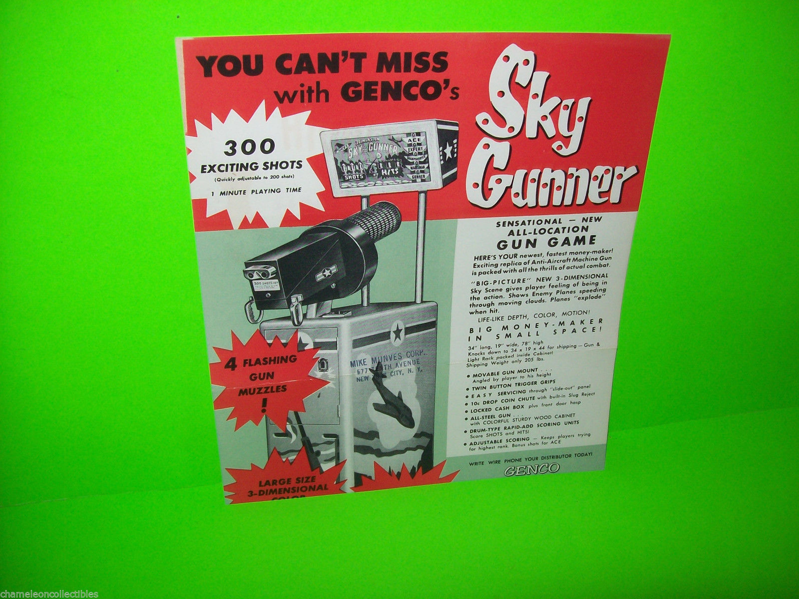 SKY GUNNER By GENCO 1953 ORIGINAL ARCADE GAME MACHINE PROMO SALES FLYER RARE