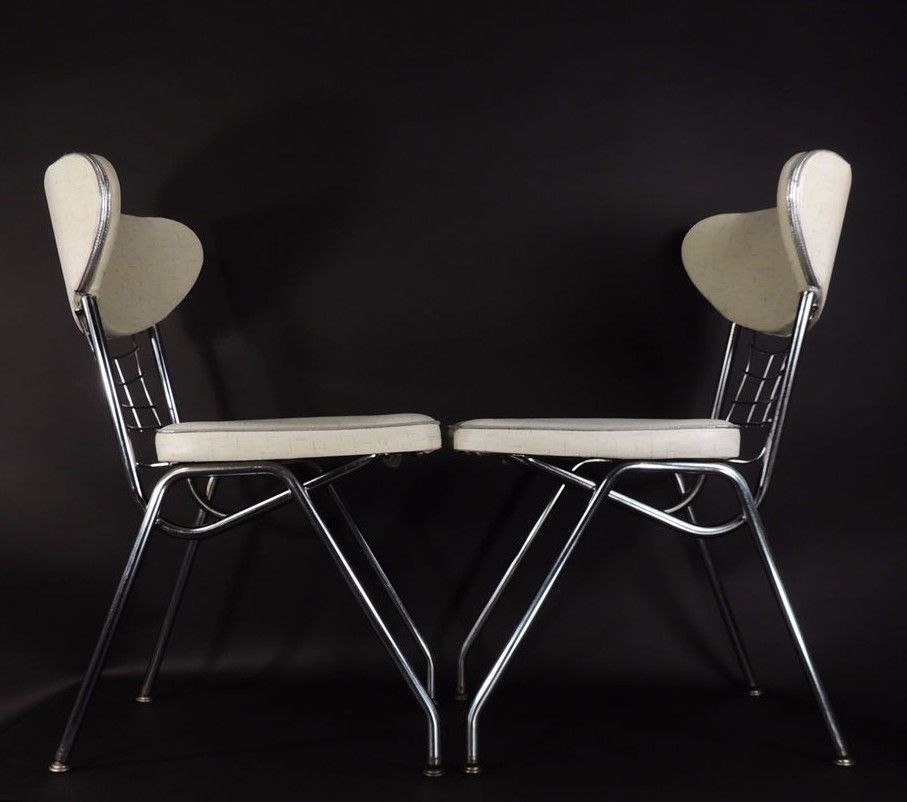 Set of 2 Vintage Mid Century Modern Brody Vinyl Seat Chrome Metal Dining Chairs