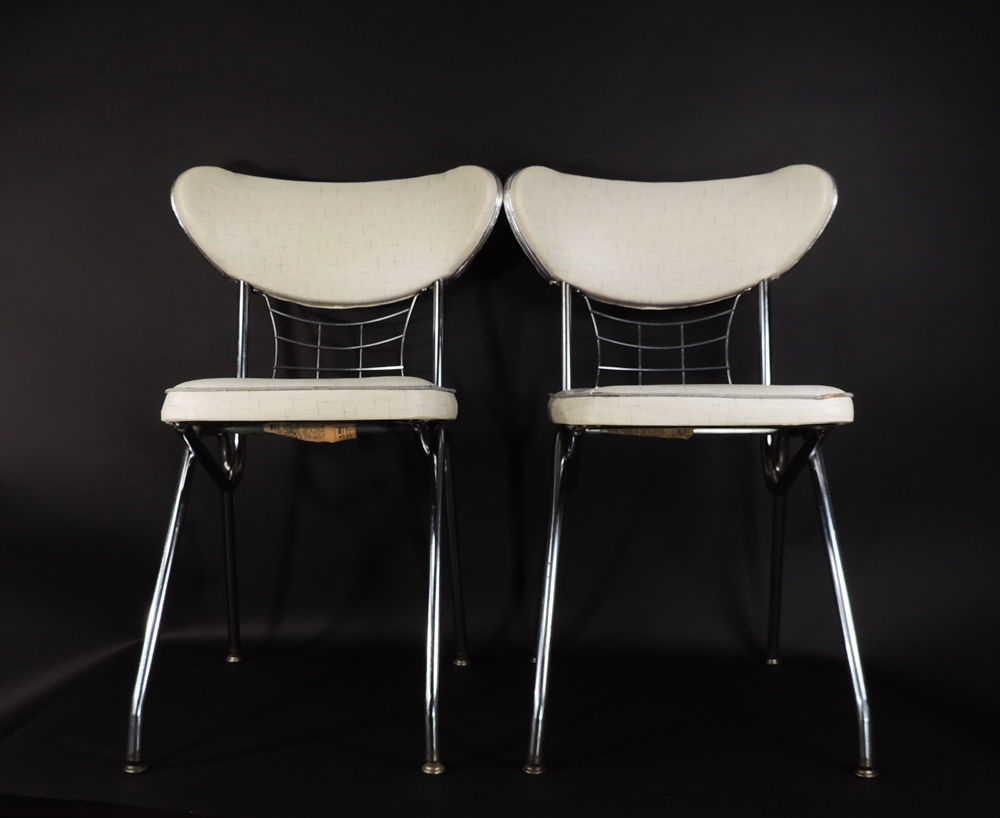 Set of 2 Vintage Mid Century Modern Brody Vinyl Seat Chrome Metal Dining Chairs